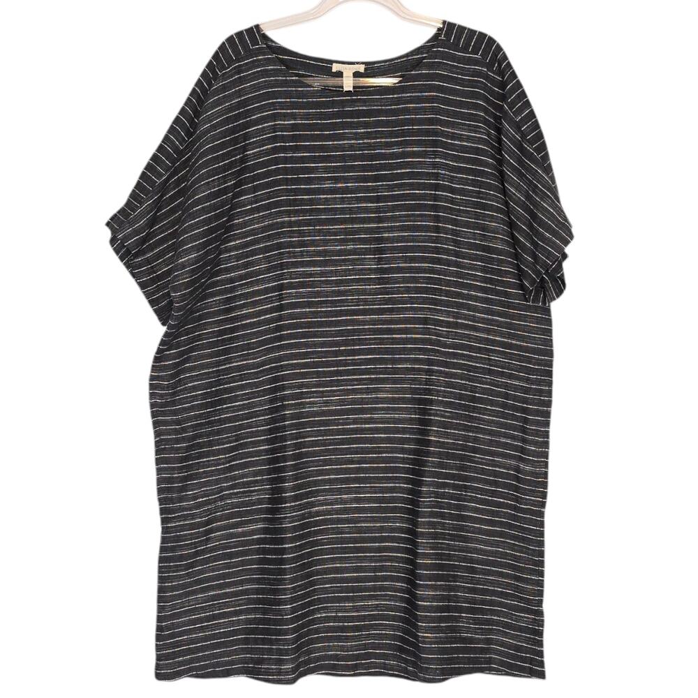 Eileen Fisher Organic Linen Delavé Pinstripe Tunic Dress Graphite Scoop XL NEW